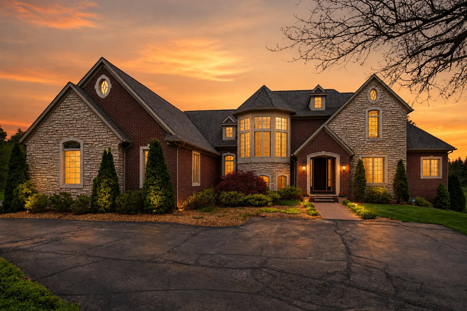 Twilight exterior of 60675 Pontiac Trail, a custom brick and stone estate on 12.87 acres in New Hudson, Michigan